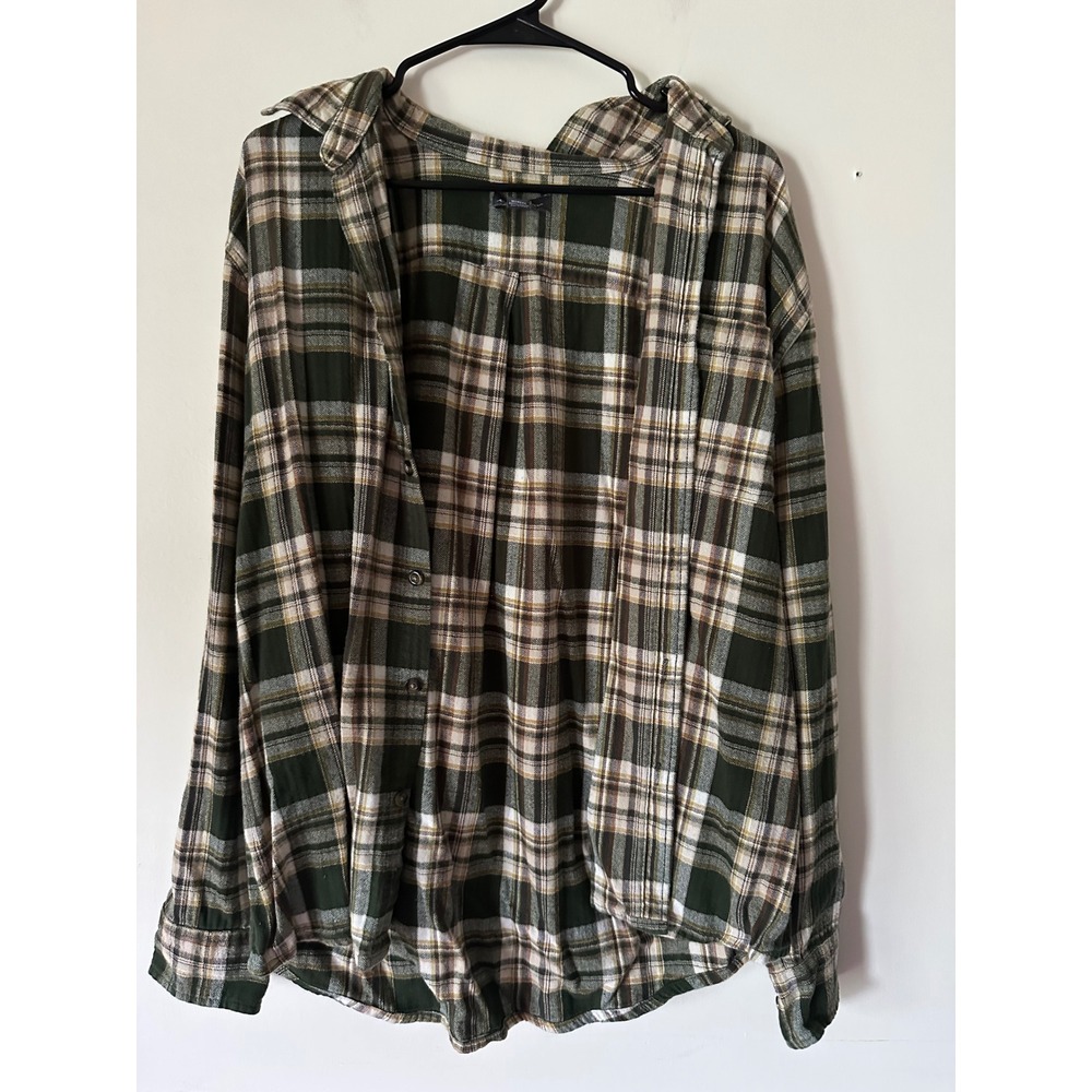Eddie Bauer Mens Large Green Plaid Flannel Button Down Shirt Long Sleeve Cotton